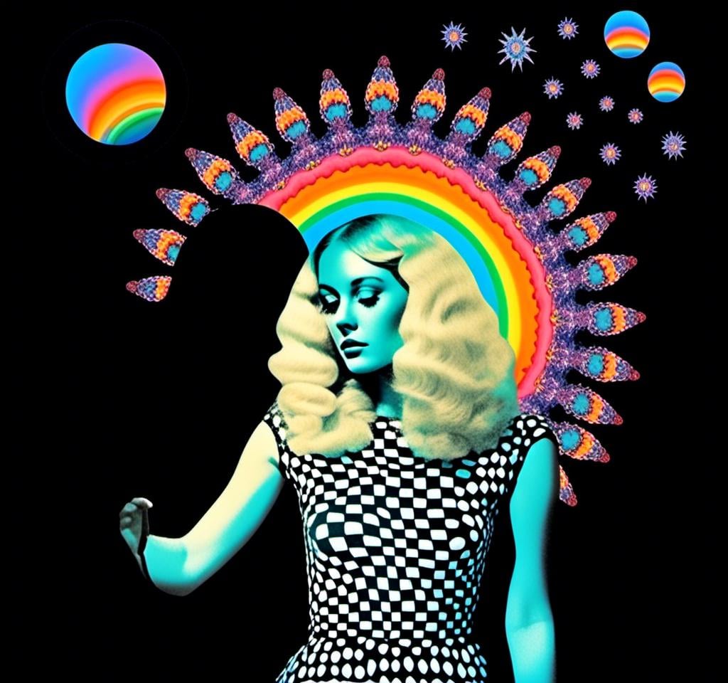 Prompt: A psychedelic collage featuring a photograph of a woman with blond curly long hair. The photo is cut and spliced with other photos and drawings of aliens, UFOs, rainbow spectrums are erupting from places, planets, stars, landscapes, and sparkles set amidst optical illusions of all kinds in geometric shapes giving an otherworldly surreal bizarre ufo alien effect to this psychedelic collage <mymodel>