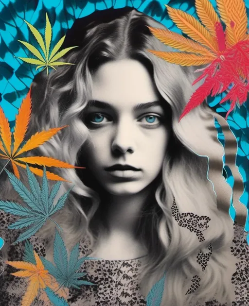 Prompt: <mymodel>Mixed media collage of a girl with long blond curly hair and blue eyes, black and white photograph, pops of vibrant color with cannabis leaves, mushrooms, smoke and fractals in the background, hand-colored, high contrast, psychedelic, detailed facial features, vintage style, atmospheric lighting