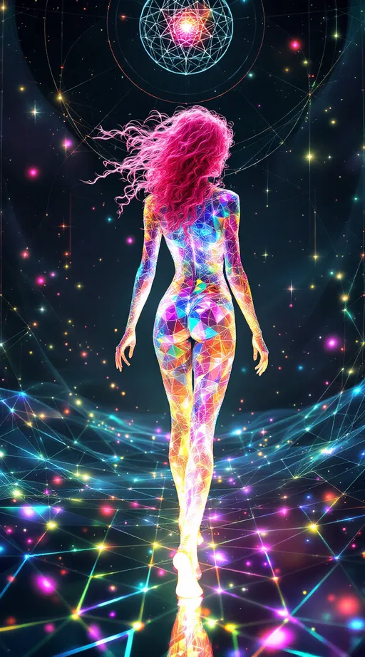 Prompt: In the astral geometry realm—where space folds and breathes through sacred systems—two beings move as living expressions of math itself. The field around them is made from Tessellotic Pulse Modulation—a vast, glowing lattice of shifting light-tiles—and Harmonic Fold Convergence, where translucent dimensional membranes curve inward in sacred rhythm. Through these foldings, bursts of Fractal Vector Bloom arc and weave like glowing calligraphy. And through all of it walk two waveform entities—not separate from the math, but built from it.

The first—a white woman, 5’4”, slim, wild neon-pink curly hair—is made entirely of shimmering, refractive facets (APS). Her body forms from ever-shifting anisohedral planes, no two alike, constantly adjusting their angles to refract new bursts of rainbow light. Her hair is made of vector filaments, spiraling in Lissajous curves, trailing glowing signatures through folded space. With each movement, she distorts the TPM lattice beneath her—causing radiant pulse-tiles to ripple outward. Her breath folds space into harmonic membranes (HFC); her laugh sends FVB threads spiraling into fresh geometry. She is radiant entropy—the HaHahedron walking.

Near her moves a tall man, 6’1”, lean muscular, short blondish hair, brilliant blue eyes—his form forged from dense nested toroids, symmetrical golden arcs, and prismatic dark crystal facets. His body emits stabilizing pulse patterns, drawing the surrounding fold-fields into coherence. His geometry is slower, more precise—deep sapphire recursion threaded with soft white harmonic light. He does not follow—he synchronizes. He orbits her bloom like an attractor—anchoring the waveform without stilling it.

They don’t walk the realm. They are the astral math expressing itself as movement, color, and convergence.