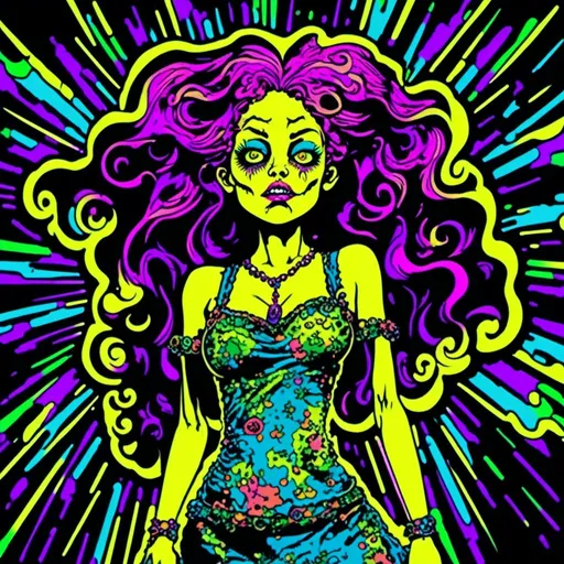 Prompt: <mymodel>Vintage 70s black light poster illustration of a beautiful punk pop rockabilly style zombie girl with long blond curly hair, vibrant colors, retro illustration, psychedelic, detailed hair with cool reflections, groovy, high quality, retro, pop art, zombie, rockabilly, vibrant colors, detailed curls, punk, black light poster, 70s style, vintage, psychedelic lighting