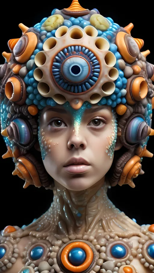 Prompt: Extremely hyperrealistic, ultra textural weird trippy psychedelic Foraminifera creature/entity queen crown jewelry cape, lots of crazy psychedelic compound human eyes, face, head, body, limbs, bright psychedelic colors, lots of light, Gyroid Structures,  foraminifera: chambers, septa, apertures, pores, foramina, proloculus, spiral, planispiral, trochospiral, uniserial, biserial, triserial, quinqueloculine, milioline, fusiform, globular, elongate, conical, spherical, discoidal, lenticular, flattened, lobate, reticulate, ornamentation, costae, keels, spines, ridges, striae, umbilicus, sutures, calcareous, agglutinated, porcelaneous, hyaline, microgranular, perforate, imperforate, pseudopodia, reticulopodia, planktonic, benthic, test morphology, chamber arrangement, test wall structure, apertural features, shell composition, bioindicators, microfossils.