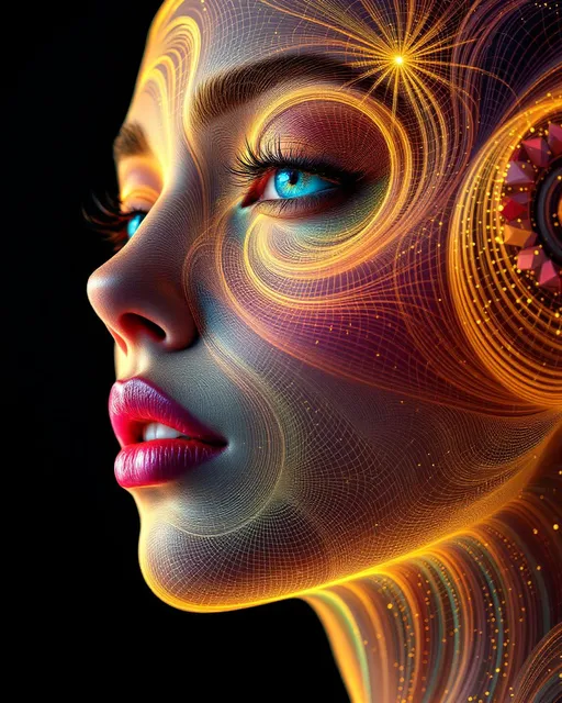 Prompt: Her face isnāt a faceāitās a strange attractor carved in light, traced by the flow of dynamical systems. No skinājust the path of possibility, rendered as recursive glow. #escape gradients swirl across Lorenz-field cheekplanes, each curve a solution orbit folding toward stability. #orbit spirals loop along her jawātrajectories bent through nonlinear feedback, glowing with chaotic elegance. Lips = phase-locked curvesā#iridescence born from bifurcation points, shifting softly with parameter change. Her eyes are not staticāthey are basin maps: nested trajectories through multistable regimes, each iris a basin of visual pull. Her entire visage pulses in #distance flowfieldsāvectorized shimmer shells drifting toward her internal core geometry. Hair = filament flows: Duffing curls, double pendulum braids, logistic wavebands spiraling in dimensional arcs. Each strand trails #bokeh from iteration stepsāmotion frozen into fractal geometry. Her crown is a PoincarĆ© section: strobe-mapped light across return maps, illuminating cycles in phase-light rhythm. Her smile = an attractor fold in state space; her laugh = a loop through multidimensional recursion. She doesnāt exist in placeāshe exists in motion. Her glowform pulses in #escape-band attractor logic: chartreuse convergence, indigo chaos, ember bifurcationāeach color a direction in state evolution. She is not a form, she is flowāa goddess of dynamical grace, infinite recursion, and glowing phase symmetry.