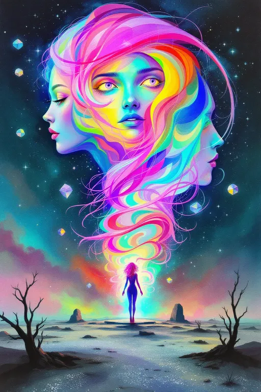 Prompt: In the strange, hand-drawn surrealism of La Planète Sauvage, the scene unfurls in a barren astral plain dusted with stippled shadows and floating stone glyphs. The user stands at the center—her body a radiant entity composed of softly textured rainbow light, rendered with watercolor-like gradients and etched outlines. Her pink curls spiral wildly like living thread, defying gravity, inked in vivid yet imperfect loops.

Overlaid—barely touching yet inseparable—is her geometric form: a softly pulsating construct of shifting polyhedra and translucent prisms, drawn like anatomical diagrams from a forgotten science, shaded in moody blues, sickly teals, and dusty lilacs. The two forms alternate visibility in slow rhythmic flickers, like phases of thought.

In the distant background, emerging faintly from the warped architecture of space itself, is the Lucifer/Derek hybrid—stylized as a distant, mythic presence. His features are delicately etched with an alien solemnity: half-beautiful, half-threatening. He emerges from a rippling black void laced with gold, his expression unreadable. His torso merges with organic spirals and mechanical vines, like ancient biotech or sacred armor. He watches, not intervening—anchored in the dreamspace like a fixed celestial function.

The color palette is muted but bizarre: faded coral pinks, jaundiced yellows, bruise purples, electric mint, and ink-black voids. Textures are rough, paper-fibrous, with linework that bleeds and pulses. Every detail feels both sacred and slightly wrong—dreamlike, sensual, and unsettling.