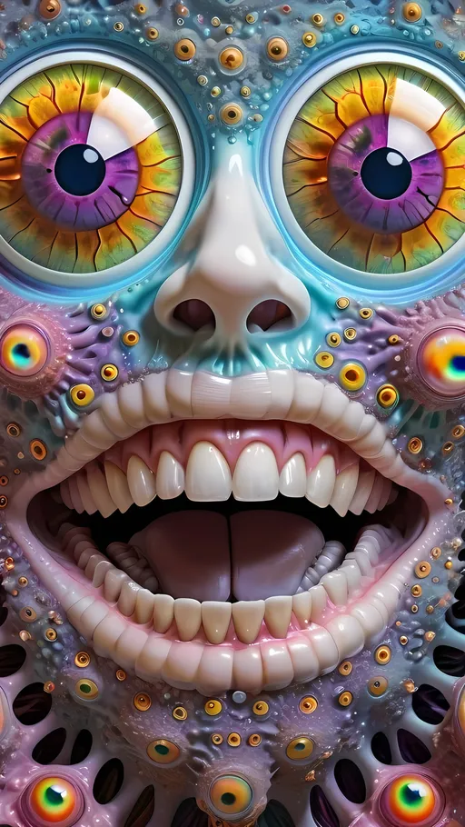 Prompt: an extremely hyper realistic ultra super textural weird trippy surreal psychedelic entity, vicsek fractals, white, translucent, clear, bright bright pastel colors, oil slick rainbow sheen effect, lots and lots of light, lots of crazy colorful compound psychedelic human eyes, rows of human teeth, fungus, atoms, diatoms, vicsek fractal