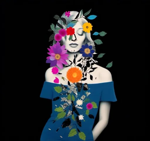 Prompt: a mixed media collage of a black and white photograph of a woman exploding with vines and leaves and flowers (mixed media in nature- paint, enamel, glitter, metallic foils and finishes, splatter, rhinestones, sequin, string, cut paper and magazine pages and more) <mymodel>seem to be blooming out of her body