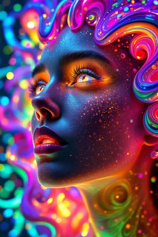 Prompt: A dazzling female face emerges entirely from living math and radiant rainbow light—no flesh, only shimmering structure. Her features are formed from a layered fusion of mathematical forces: Fourier transforms ripple across her cheeks as oscillating waves of pure chroma, while Penrose tiling lays the framework of her bone structure in quasiperiodic rainbow shards. Her eyes are formed from rotating Riemann surfaces, depth-layered and infinite, shimmering like complex-number mirrors. Her hair streams upward in Hopf fibrations woven with harmonic spirals, curling into loops of saturated neon, constantly shifting phase.

She’s birthed in a Studio 54-shaped dimension—a warped disco ball where projective geometry curves the space itself, bending mirrored facets into recursive tilings. Light is sound here: her smile pulses with sine wave interference patterns, glittering with Turing patterns that blink to the beat of a divine groove. IFS fractals bloom from her brow in iridescent motifs, shimmering like oil on water and splitting infinitely. Her entire form is animated by the music of math—she is the math—rendered in chromatic shimmer, sparkling logic, and shimmering equations.

The air sparkles with dancing dust from chaotic attractor fields, casting prismatic shadows. Her dimension is alive with recursive shine, a disco-holofractal dream woven from colored algorithms.

Tags: #Studio54MathBabe #FourierCheekbones #PenroseFace #RainbowLogic #HopfHair #DiscoMathDimension #SheIsMath #ColorMadeConscious