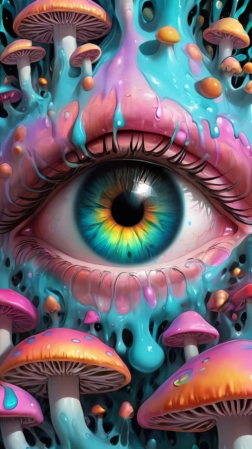 Prompt: Psychedelic, weird, surreal, bizarre, ineffable, numinous, lots of crazy weird inhuman psychedelic trippy eyes, melting, trippy, reality breaking down, hallucinations, drippy, dissolutionment, blobs,atoms, electrons, mushrooms, fractals, multidimensional, oozing, oridescent pastel colors,psychedelic hyper realism, ultra high resolution, surreal, digital art, intense lighting, bright pastel hues, abstract, confusing, looking at you, ultra detailed textures