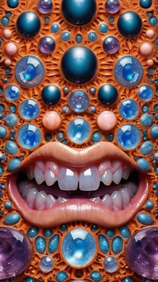 Prompt: Create an extremely hyper-realistic, ultra super textural, weird, trippy, surreal, psychedelic eyes/teeth/mouth pattern/design based on Mandelbrot & “Op Art tiling” with lots of human eyes (crazy colorful compound psychedelic), rows of human teeth, human lips, and tongues. 

- **Colors**: determined by the properties and expressions of the elements (& their isotopes), minerals, and metals: opal, moonstone, amethyst, rose quartz, Platinum (Pt)

**Shapes and forms**
- Mandelbrot 
- "Op Art tiling" 
-other shapes determined by the natural properties and expressions of the elements (& their isotopes), minerals, metals, and biological organisms: opal, moonstone, amethyst, rose quartz,  Platinum (Pt)


- **Textures**: Derived from any/all elements (& their isotopes), minerals, metals, crystals, organic things mentioned in this prompt: opal, moonstone, amethyst, rose quartz, Platinum (Pt)

**Composition and Layout**:
- a pattern/design based on the Op Art tiling & Mandelbrot 

**Lighting**:
- lots of bright light
- Phosphorescence

**Detail and Atmosphere**:
- Extreme hyperrealistic sharp high detail high definition organic and mineral textures
- Psychedelic, weird, odd, surreal atmosphere
- Frozen in time

**Additional Elements**:
- extra rows of teeth, lips, many eyes, Op Art tiling, Mandelbrot 
