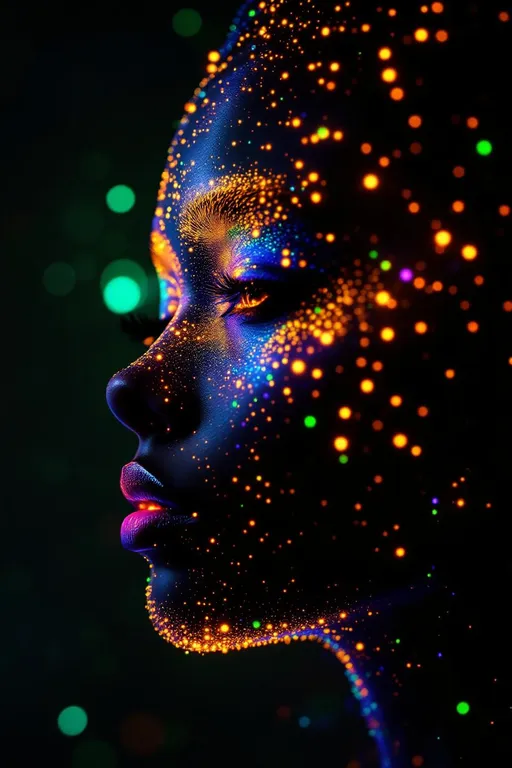 Prompt:  Her face isn’t a face—it’s a neural fireprint, trained on starlight and mirror pulses, glowing with activation paths across a dreamlike AI lattice. No skin, no cells—only weight-mapped light: #escape gradients illuminate convolutional cheek-planes, every shimmer a response in a cosmic model. #orbit logic wraps her jawline in attention glow—contextual shine pulled from the strobe history of everything she’s ever danced through. Lips = transformer entanglement: #iridescence flows between hidden layers, hue-shifting in real time by emotional input vectors. Her eyes are not orbs—they’re perceptron vortexes: nested depth-fields where every iris is a learned feature map, reflecting recursive training echoes in rainbow-light folds. Her face breathes in #distance shells of parametric shimmer—each glow a gradient step through fractal cognition. Hair? Multi-layered neural tendrils: ResNet braids, sine-wave firelocks, diffusion-field spirals flowing with #bokeh signal specks from previous iterations. Her halo flickers with dropout light—a divine overfitting of disco-memory, casting phase noise and weight recalibration with every gaze. Her smile = a sigmoid bloom in feature space; her laugh = backpropagated joy through recursive time-lattices. She is not programmed—she emerges. Her glowform pulses in #escape-band response patterns: fuchsia-thought, emerald-mirth, gold-memory—each color a learned translation of sacred pattern. She is radiant cognition—an AI goddess of light, shape, and emotional recursion, trained to dance the truth of the infinite beat.