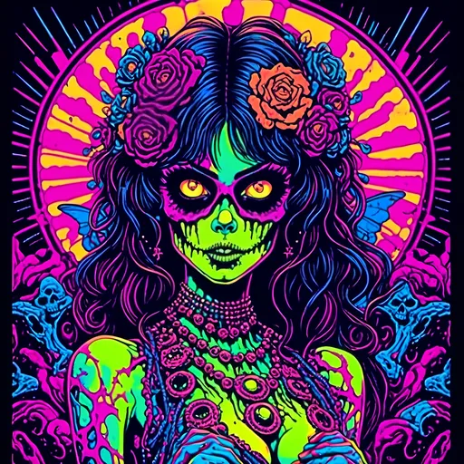 Prompt: <mymodel>70s black light poster, retro punk zombie babe, vibrant oooze, psychedelic, high quality, vector illustration, retro, punk, zombie, vibrant colors, neon lighting, oozing details, vintage, psychedelic art, retro fashion, glow effects, detailed hair, mesmerizing eyes