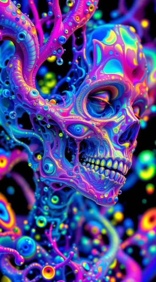 Prompt: A maximalist acidic-psychedelic construct shimmering with oil-slick prisms and soap-bubble diffraction, bathed in ultraviolet chromes and radioactive neons. Every surface refracts like dragonfly wings, rippling in impossible gradients. Anatomy is here—but bent, broken, recursive, refusing to stabilize.

A ribcage spirals into itself like a Möbius loop, ribs fractalizing into Fibonacci spirals that braid into lattices of bone and light. The sternum splits into Penrose tiles, folding paradoxically inward and outward, both convex and concave at once. Veins thread into Mandelbrot trees, each capillary splitting infinitely into smaller and smaller vascular infinities, glowing cobalt and magenta like electric rivers.

Skin is no longer skin but a Klein-bottle membrane stretched over contradiction, painted with iridescent fractal optics. Pores open into infinite mouths, each lip blooming into smaller lips, each tongue sprouting eyes that look back at themselves. Cheekbones inscribe Gödel glyphs that loop into unsolvable proofs. Foreheads split into Escher staircases of flesh, each step tiled with eyes that blink open and shut asynchronously.

The chest houses paradox: a heart that beats and does not beat, pulsing with ζ(s) waves, Euler chrome inscriptions across its surface. Lungs fracture into Sierpinski triangles, inhaling and exhaling infinite recursion. Organs shimmer as transparent glass, filled with kaleidoscopic prisms refracting rainbows into themselves.

Hair is a storm of fractal tendrils, Möbius curls and Fibonacci coils, weaving into galaxies of nested faces and eyes. Each curl contains another curl, each strand an ouroboros of lips