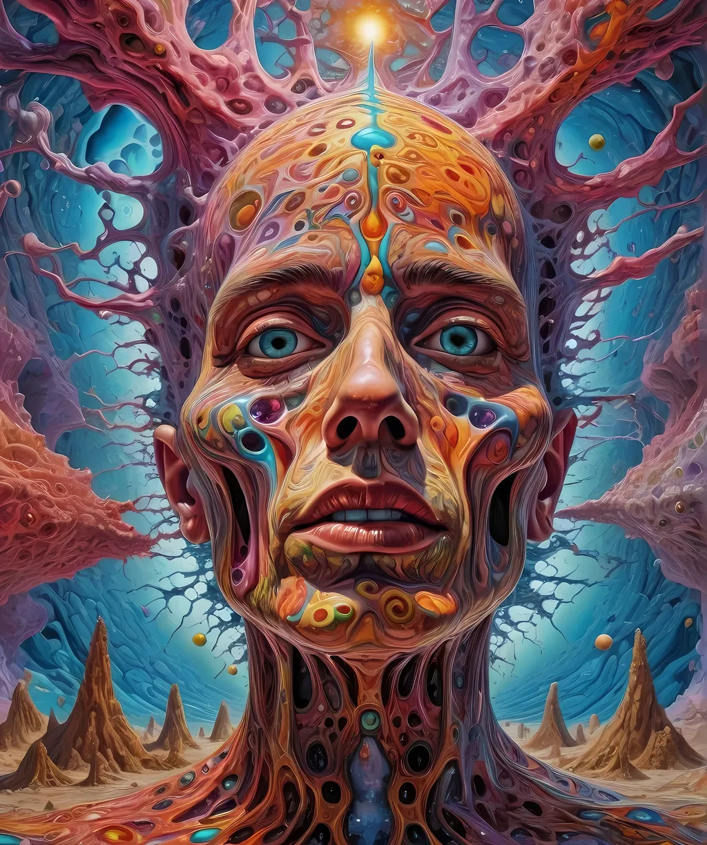 Prompt: Extreme psychedelic hyperrealism- Super high definition ultra textural Weird surreal depiction of ego death, melting into fractals, multidimensional geometric shapes, surrealism, detailed, highres, intense colors, eerie lighting, bizarre features, unsettling atmosphere, otherworldly, distorted proportions, mind-bending, dreamlike, abstract,, trippy psychedelic ultra detailed textures