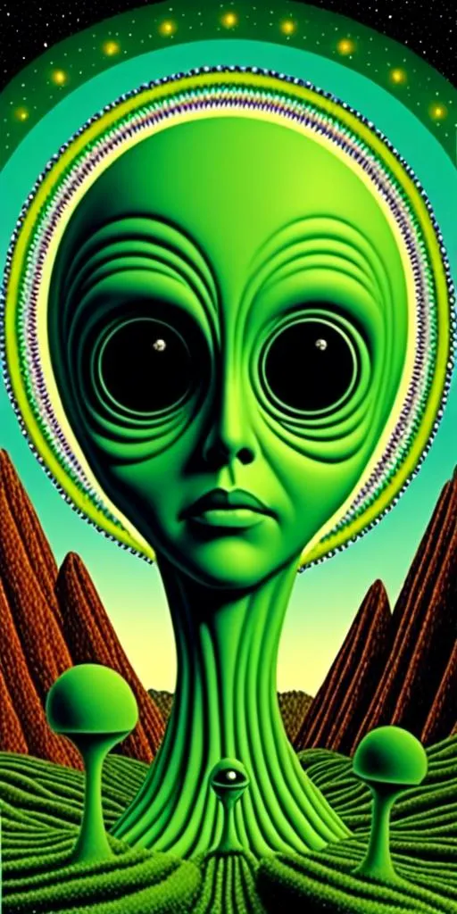 Prompt: <mymodel>Vintage 70s psychedelic science fiction collage of little green man alien, green skin, big eyes, humanoid, extraterrestrials, analog, cut and paste, vintage collage, green and black for colors, landscape, night sky, optical illusions, trippy patterns, retro style, detailed psychedelic patterns, high quality, 4k, surreal, vintage, retro, psychedelic, vibrant colors, detailed eyes, intricate patterns, flat lighting, art house film, 