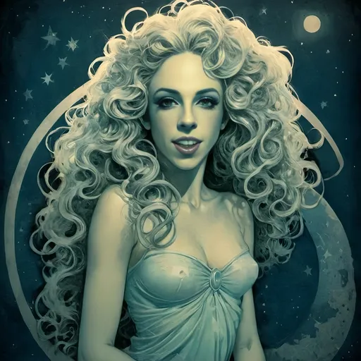 Prompt: Vintage Cyanotype print of a alien girl on the moon, long curly blond hair,  detailed silhouette, vintage artistic style, cool tones, subtle moonlight, high quality, cyanotype print, vintage, detailed silhouette, moon, girl, subtle lighting, cool tones