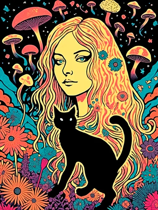 Prompt: <mymodel>Psychedelic poster illustration of a girl with long, curly blond hair, solid black cat, trippy mushrooms, wildflowers, vibrant colors, high-quality, poster art, surreal, detailed hair, psychedelic, detailed cat, colorful, vibrant, surreal, professional lighting