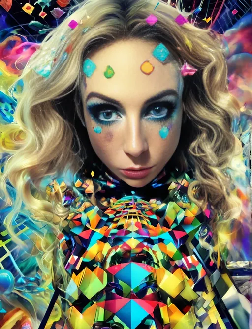 Prompt: Blonde girl with long, curly hair, psychedelic mushroom wonderland, psilocybin, DMT, trippy hallucinations, fractals, multidimensional geometry, auras, vibrant and surreal, high quality, surreal art, colorful, vibrant lighting, holograms, grid lines of the universe, underlying geometric structure of reality