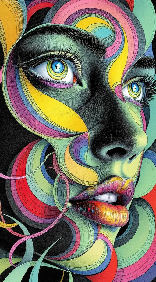 Prompt: A female face unfolds across impossible space—tessellated, recursive, and drawn in thick, uneven ink lines. In the style of La Planète Sauvage, she is not realistic but ritual: a hyper-stylized visage stretched across a non-Euclidean manifold, every contour warped by logic. Her expression is a paradox, hovering somewhere between diagram and myth. Eyes spiral as limit cycles around strange attractor loops, each one inked in tight elliptical bands, orbiting voids rimmed with rainbow halos. Her lips follow curved geodesics—pulled along warped surfaces in matte strokes of spectral pink and solar green. Her cheekbones ripple outward in Hilbert folds, crumpling the page behind her.

The entire face is embedded in a dual lattice: one half the Fractal Memory Field—drawn as nested Penrose tiles in dusty neon—and the other the Chromaflux Constraint Net, painted as hyperbolic grids stitched with glowing braid-knots. These patterns do not sit on her—they become her: nose a focal node of dimensional interference; forehead a Klein-braid of tiling syntax, spiraling in iridescent filament arcs.

Color here does not blend—it diffracts. Harsh rainbow lighting fractures across her skin like broken glass dipped in oil. Auroral ribbons loop through recursive mesh. Every layer of recursion shifts both shape and hue—chromatic torque spirals through Möbius arcs, folding prismatic glyphs into hyperspace along brush-scrawled vector lines.

Her hair dissolves into nested geometry: tessellated ribbons and spectral lattices curl like illustrated smoke, each strand tipped with moiré sparkles and drawn distortions. Her expression flickers with encoded meaning—half-symbol, half-glitch, alive within the folds of Riemann topology.

She is maximalist and spatially unstable. A conscious diagram. A sacred drawing of feedback loops and chroma logic. A face-shaped equation rendered in psychedelic ink.