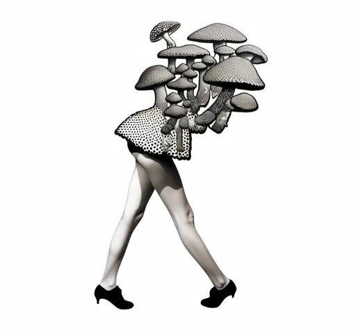 Prompt: a mixed media collage of a girl wearing or growing mushrooms/fungus as clothing body parts and accessories. She is a black and white or halftone photograph, the mushrooms and fungal growths are to be mixed media, including but not limited to paint, enamel, foils, glitter, sparkle, sequins, found objects, natural items, rhinestones etc <mymodel>