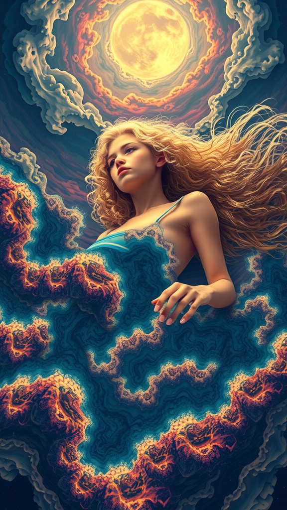 Prompt: A psychedelic ego death experience. A girl with long blond curly hair on psychedelics experiencing “ego death”, hallucinating herself in a fractal “storm”- angry fractals form clouds, wind and rain, whipping, beating the girl mercilessly until she blacks out and finds herself, drowning in an infinite swirling subterranean underground angry chaotic roiling ocean of pure fractals geometry.  melting into and becoming fractals- She melts, and becomes one with the ocean, becoming fractals herself and experiencing being one with everything in the universe, seeing it all from every point of view, before forming into human again over and over. Fractal geometry ocean, waves, currents, riptide, flowing, churning, underground cave, she is lying in bed the whole time 