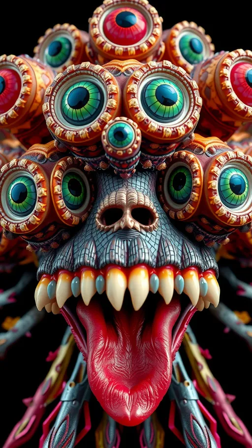 Prompt: Create an extremely hyper-realistic, ultra super textural, weird, trippy, surreal, psychedelic eyes/teeth/mouth creature/entity based on “metatron’s cube” with lots of human eyes (crazy colorful compound psychedelic), rows of human teeth, human lips, and tongues. 

- **Colors**: determined by the properties and expressions of the elements (& their isotopes), minerals, and metals: Nickel (Ni), Aventurine, Chrysoberyl

**Shapes and forms**
- “Metatron's Cube”
-other shapes determined by the natural properties and expressions of the elements (& their isotopes), minerals, metals, and biological organisms: diatoms, Nickel (Ni), Aventurine, Chrysoberyl


- **Textures**: Derived from any/all elements (& their isotopes), minerals, metals, crystals, organic things mentioned in this prompt: “Metatron's Cube” Nickel (Ni), Aventurine, Chrysoberyl

**Composition and Layout**:
- a pattern/design based on the “Metatron's Cube”

**Lighting**lots and lots of bright shining reflective light
- Trichroism


**Detail and Atmosphere**:
- Extreme hyperrealistic sharp high detail high definition organic and mineral textures
- Psychedelic, weird, odd, surreal atmosphere
- Frozen in time

**Additional Elements**:
- extra rows of teeth, lips, many eyes, diatoms, “Metatron's Cube” , Aventurescence, Chatoyancy
