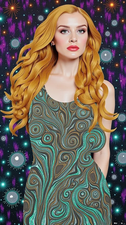 Prompt: In this abstract design, a woman with long blond curly hair becomes a celestial muse, her flowing locks radiating outward like golden tendrils of vibrating light. Her figure emerges from a swirling ocean of ripple patterns, their concentric waves in deep blues and greens creating the feeling of infinite motion. Above her, vibrant auroral streaks of magenta, teal, and amber cascade like curtains of cosmic energy, blending seamlessly into the curves of her hair. The background is alive with dynamic cymatic forms, their intricate geometries glowing in silver and white, as if pulsing with the rhythm of the universe. Her presence anchors the scene, surrounded by circular oscillations that pulse in golden hues, creating a halo of resonant energy. Her hair transforms into spiraling waveforms that intertwine with Chladni-inspired patterns, their symmetrical shapes vibrating in harmony with the flow of the design. The entire piece feels alive, a celebration of vibration as the unseen force that connects all things, with the woman embodying the beauty and power of creation itself, her form both human and cosmic, grounded yet transcendent.