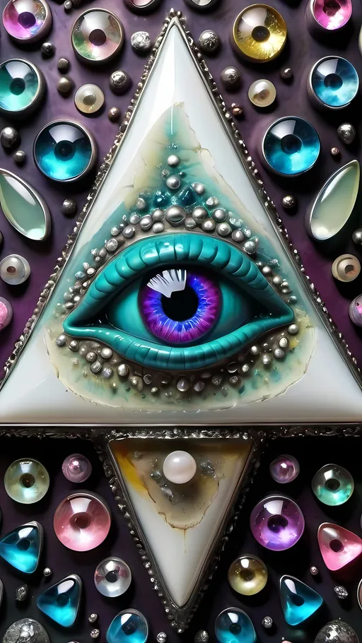 Prompt: an extremely hyper realistic ultra super textural weird trippy surreal psychedelic entity, pascals Triangle, translucent, white, blown glass, pearlescent finish, inlaid opal, glittering crystal accents, silver, pyrite, quartz,, chrome, bright vivid teals, blues, pinks/yellows/greens,purples,  lots and lots of light, lots of crazy colorful compound psychedelic human eyes, rows of human teeth, human lips, tongues, fungus,  atoms, diatoms, diatomic, algae, bryozoans, pascals Triangle, extreme high definition organic and mineral textures