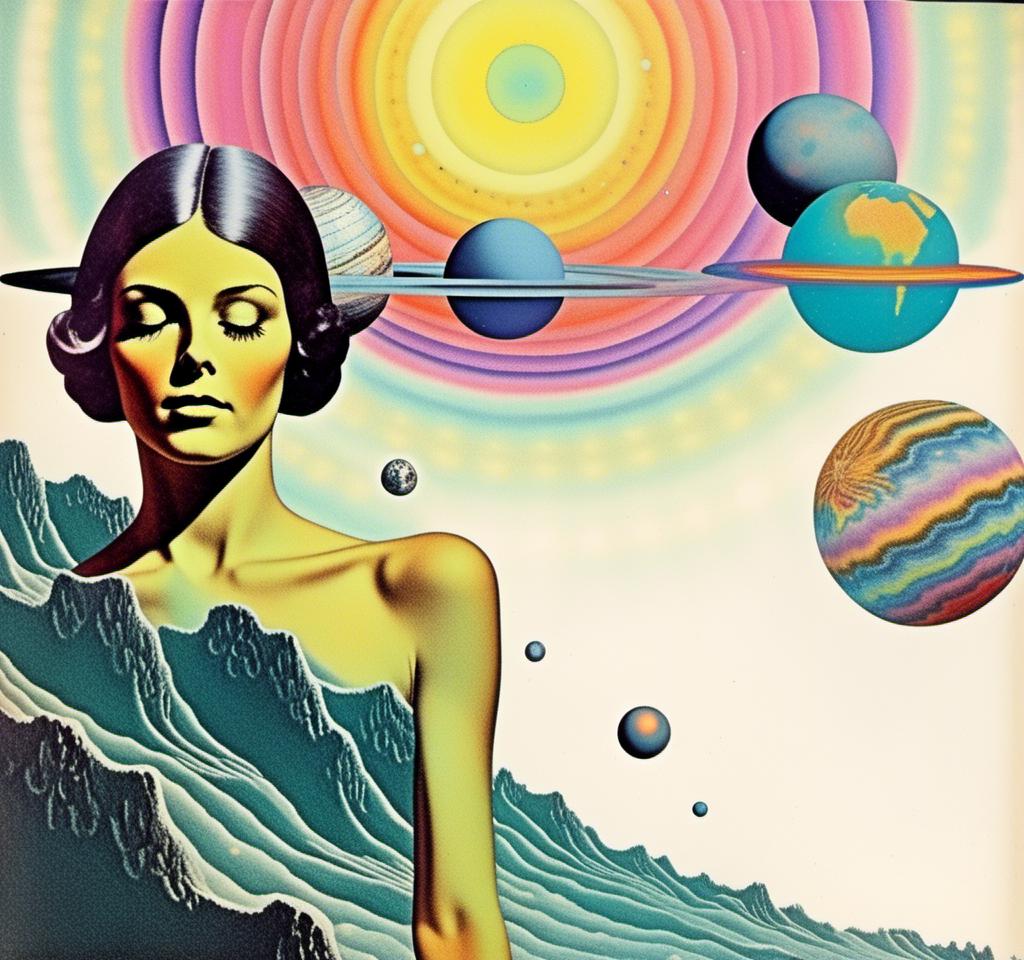 Prompt: A vintage 70s psychedelic collage with the theme “astral vacation”- incorporate themes of astral projection, the astral plane, the silver cord, use an astral brilliantly but sometimes muted opalescent color palette, & combine it all with planets, orbs, optical illusions and psychedelic trippy patterns, color spectrums as a surreal vintage psychedelic collage<mymodel>