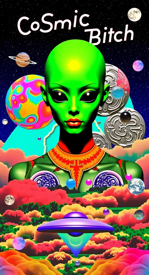 Prompt: **Cosmic Bitch - AI Art Prompt**

Create an artwork featuring the phrase "Cosmic Bitch" in a bold, sassy, girly futuristic tech font. The centerpiece is a stunning green-skinned alien female with a large somewhat conical shaped bald head & large solid black almond shaped eyes, exuding sass and confidence, dressed in avant-garde high fashion with a futuristic twist. Her ensemble is adorned with intricate accessories that scream alien chic.

Incorporate a vibrant UFO hovering in the scene, brimming with colorful lights that dance across the canvas. The background is a bustling outer space landscape, complete with an alien planet, swirling asteroids, and cosmic wonders. Alien glyphs are subtly woven into the design, adding an enigmatic touch.

The entire scene is a whirlwind of activity, filled with intricate details that draw the eye to every corner. From the tiniest star to the grandest asteroid, let no space go unadorned. The result is a masterpiece of cosmic chaos and extraterrestrial elegance.

Now, go forth and let your AI art creation shine in all its interstellar glory! 🌌👽✨