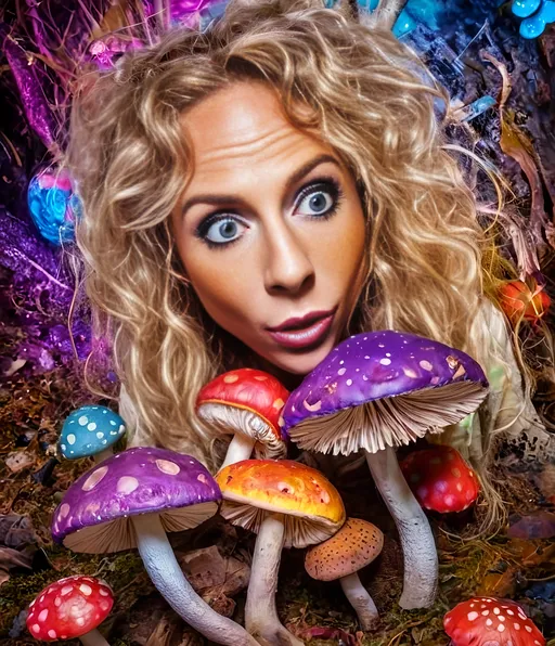 Prompt: Crazy hyperrealistic psychedelic hallucination of an ecstatic girl, dressed in fungal attire, mushroom clothing and accessories, long blond curly hair, obsessing over brightly colored psychedelic mushrooms, wearing mushrooms, holding mushrooms, hyperrealistic, psychedelic, ecstatic, vibrant colors, detailed hallucination, colorful, wild, surreal, trippy, bright lighting, surreal artstyle, colorful mushrooms, hyper-detailed, mesmerizing, high quality