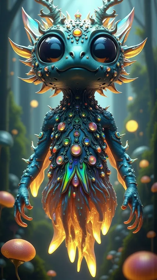 Prompt: Prompt:
A super hyperrealistic, ultra-34k high-definition astral fractal beast — an adorably strange, otherworldly entity emerging from a multidimensional bloom of recursive light. Its body is a fusion of crystalline geometries and organic fluid forms: iridescent polyhedral segments fold into each other like living tesseracts, encrusted with radiant gemstones — raw opals, quartz, malachite, sapphire veins pulsing softly beneath its translucent fractal skin. The creature’s texture shifts constantly, oscillating between velvet-matte moth fur and shimmering soap-bubble holography.

Its eyes are enormous pools of black almond-shape quantum fluid, swirling with hints of turquoise and spectral pink. Four tentacle-like limbs flow with golden laminar grace, trailing vortices of superfluid mist that ripple with thin-film interference. Along its back: a rippling array of photonic crystal scales arranged in Penrose tiling, emitting optical illusion patterns that change with angle and attention — moiré ripples, fractal spirals, checkerboard iridescence.

It purrs in vibrations visible as colorful standing waves through the air, its breath forming glyphs that glow and disintegrate into Mandelbrot snowflakes. Its antlers are made of semi-transparent plasma crystal and branching mineral veins, each one softly ringing with harmonics mapped from Planck-scale echoes. In its wake: surreal astral flora bloom — mycelial spores trailing like ribbons, luminous vines unfurling into the void.

The scene is set in an open 3D astral environment — a reflective dream-plane made of refracted starlight and fluid marble strata, surrounded by drifting quantum jellyfish and polygonal moons. The entire environment is lit in a mix of violet twilight, neon gold glows, and ethereal green-blue backlight, with soft diffusion and crisp hyperreal macro detail.
