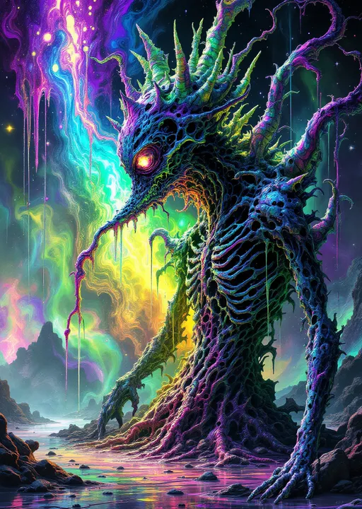 Prompt: **Prompt:**

A disturbing, non-Euclidean alien horror entity formed from dripping, iridescent rainbow slime and glitching fractal membranes—its surface shifts with psychedelic interference patterns, thin-film iridescence, and recursive Mandelbrot textures. The creature stands in a warped dimensional plane where geometry folds in on itself—arches melt into holes that bloom into impossible topologies. Its hollow, spiked head resembles a cross between a coral skeleton and a hyperbolic shell, with gaping voids that defy light.

The colors are saturated, chaotic, and dissonant—neon purples, chromatic greens, toxic pinks, and blacklight blues swirl together in oily holographic trails. Every surface oozes refracted geometry like a living diffraction grating.

Surrounding the creature is a surreal, shifting landscape of looped architecture made of tangled optical illusions—Escherian columns twist sideways, shadows fall in the wrong direction, and perspective breaks at every turn. The atmosphere is soaked in radioactive haze.

Style: a fusion of **psychedelic glitch horror**, **La Planète Sauvage** analog ink style, and **ultra hyperrealistic fractal render**. Medium: digital painting. Lighting: ambient glow from within the creature, casting living shadows. Mood: profoundly unsettling, hypnotically beautiful, alien beyond comprehension.
