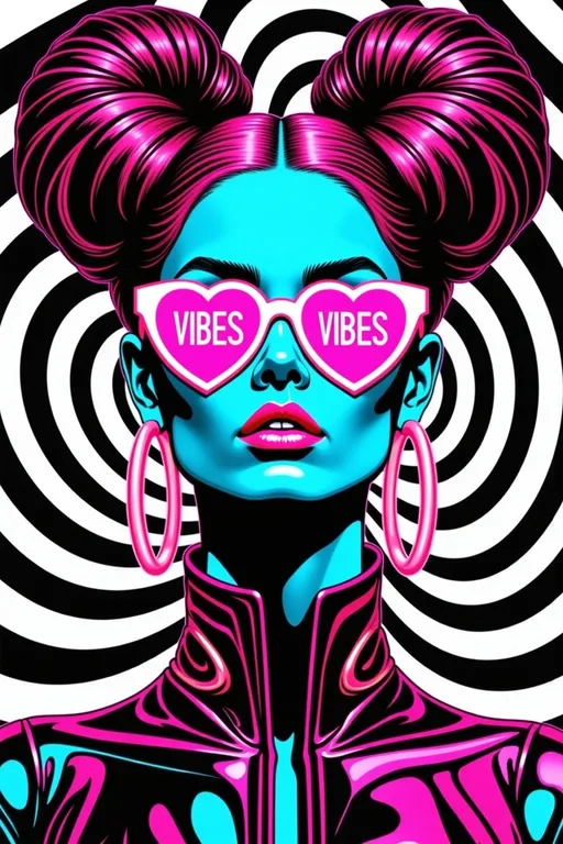 Prompt: **Updated Prompt:**  
"A vibrant, hyper-detailed cyberpunk portrait of a slim caucasian woman with long, wild, and unruly pink curls styled into two high buns that radiate energy and personality. She wears oversized, glowing pink heart-shaped glasses with the word 'VIBES' boldly etched across the lenses, exuding a playful yet futuristic charm. The glasses glow brightly, becoming the focal point of her bold, rebellious look.  

Her outfit is a sleek, high-tech bodysuit in glossy metallic pink and chrome, reflecting light with a liquid-like sheen. The suit is adorned with intricate neon pink circuitry patterns and holographic textures that pulse with energy. Large polished hoop earrings in a matching metallic pink finish frame her face, catching the light from her surroundings.  

The background features a dynamic black-and-white optical illusion pattern, with bold, twisting shapes that create a mesmerizing and surreal atmosphere. The contrast between the monochrome background and her vibrant pink aesthetic makes her stand out as a radiant, futuristic icon. Subtle reflections of the optical illusion pattern shimmer across her metallic suit, tying the elements together into a cohesive, visually striking composition."  

This prompt ensures the optical illusion background is incorporated while replacing "LOVE" with "VIBES" on the glasses for a fresh take!