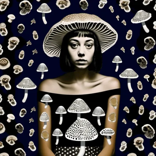 Prompt: a mixed media collage of a girl wearing or growing mushrooms/fungus as clothing body parts and accessories. She is a black and white or halftone photograph, the mushrooms and fungal growths are to be mixed media, including but not limited to paint, enamel, foils, glitter, sparkle, sequins, found objects, natural items, rhinestones etc <mymodel>