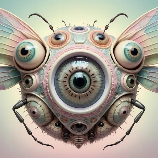 Prompt: A surreal extremely hyper realistic super textural psychedelic geometric eyeball creature with insect wings, pastel light colors,  lots of crazy trippy psychedelic human eyes, human teeth, organic and mechanical, multidimensional, weird surreal unsettling odd