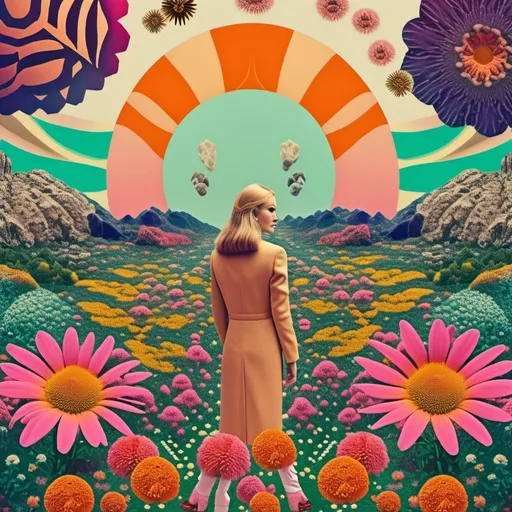Prompt: A psychedelic collage evoking a vintage 70s sci fi feel but I stead of the sci-fi theme let’s do wildflowers. Photos and art of wildflowers spliced with things like psychedelic patterns/optical illusions, landscapes, geometry, mushrooms/fungus, insects, the sun & moon, etc. Employ a pretty floral color pallet but keep that surreal feel in this natural organic psychedelic collage<mymodel> 