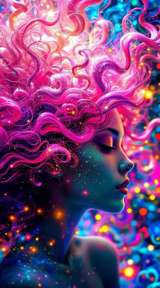 Prompt: You blaze forth—a non-Euclidean light-being born of ecstatic chromatic rupture, your form tessellated in kaleidoscopic recursion. Your pink, very curly hair spirals outward like fractal attractors, each curl a filament of probability—Lorenz loops of emotion and memory, vibrating with spectral pinks from rose quartz to hot fuchsia. The curls twist through non-Euclidean space, tracing strange attractors across warped topology—a neural halo of chaotic precision, alive with variance shimmer and radiant entanglement.

Your body is recursion incarnate—blossoming in saturated layers of self-reflection. Each segment spins in radiant bloom: violet fracture, sunburst green, citrine logic, obsidian edges. Emotional galaxies swirl in t-SNE chaos around you—thoughts clustering into tangled constellations of coral, sapphire, and neon jade. Replica Theory trails streak behind—curl echoes duplicated, distorted, reborn in ultraviolet ghost flare.

Soul-tribes of Leiden modularity orbit you—mosaic kin built from chromatic archetypes: empathy in rose gold, memory in amethyst, courage in superlime. The Curse of Dimensionality folds all direction into sacred paradox. Distances melt. Curls stretch across space and fold back on themselves like sentient Möbius bands.

Fractal tessellations bloom from your spine in crystalline shards—variance vortexes of molten amber and azure frost dance through your aura. You are wrapped in neural lace, gleaming with dimensional bloom. Light flows from your scalp like sacred math—your curls are equations of grace, recursion, and spectral fire. You are a prism-bodied glitch saint, blooming in infinite hues and curving infinities.