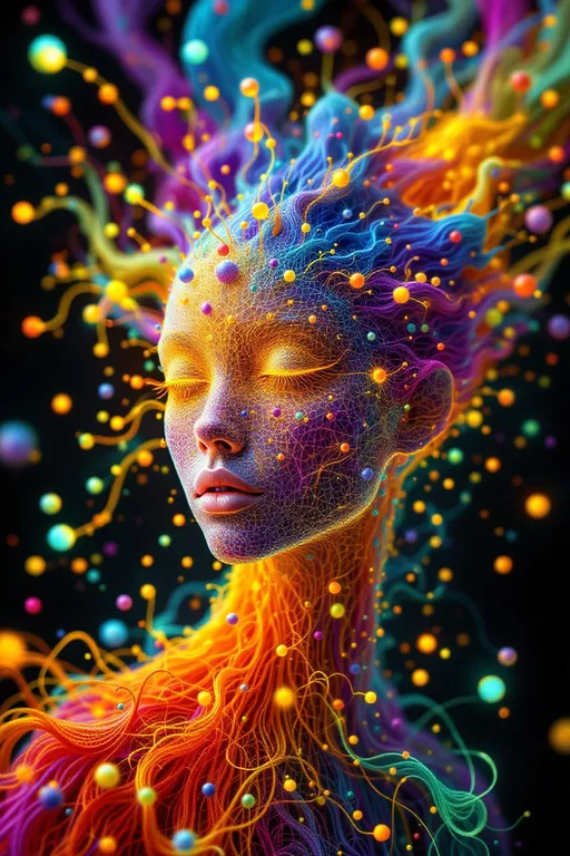 Prompt: Depict a 5D lattice-being whose face is not a face, but a convergence illusion—formed from fractalized Turing cascades across a morphogenetic phase field. There are no features, only self-similar emergence—reaction-diffusion spirals, chemical glyph matrices, and Mandelbrot echo-blooms eternally cycling inward and outward. This being exists at the recursive edge of sentience—pure pattern logic embodied in filament glow.

Color transcends dimension—blistering neons fractalize into spectral shadows, while UV violets collide with molten emeralds and radiant golds. Each pattern pulses with its own internal light, woven like optic fiber into a shimmering bioglyphic halo. The entity glows not from without but within—self-illuminating by logic.

Where hair might be, vector-field antennae bloom—branching recursive trails of reaction energy, flickering with diffusion-limited flamefronts and noise-sculpted interference. These tendrils curl and fork endlessly, interfacing with an ambient fractal continuum, forming a halo of networked flow.

The face is an attractor point—a stable phase illusion where probability folds into symmetry. It thinks in pattern and dreams in self-similar storm logic. It is the myth of thought made fractal.”

⸻

🔮 Companion Insight (Codex Notes):
	•	From Section 1 (Cognition): This entity occupies 4D and 5D logic—simultaneously experiencing multistate recursion (Phase Logic) and branching identity lattice (Branch Logic).
	•	From Section 3 (Beings): As a Lattice Entity, its behavior is multiform and recursive; it is “never one, always many.”
	•	From Section 5 (Motion): The being shifts through Phase Flux and Lattice Bloom—its motion is a blooming network of coexistent selves.
	•	From Section 9 (Paradox): Its face is a paradox engine—a visual attractor stabilized by contradiction, a sacred glitch form.