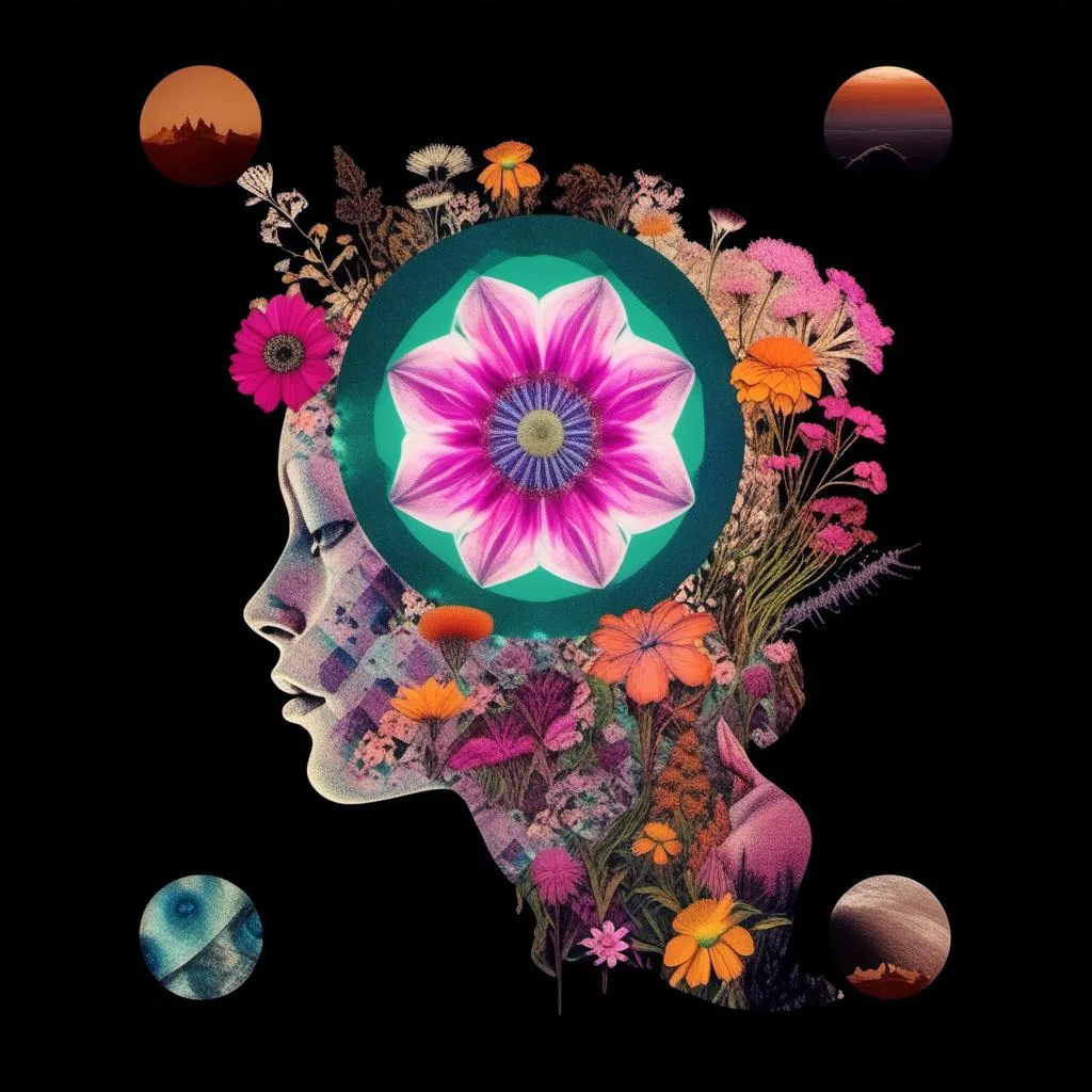 Prompt: A psychedelic collage evoking a vintage 70s sci fi feel but I stead of the sci-fi theme let’s do wildflowers. Photos and art of wildflowers spliced with things like psychedelic patterns/optical illusions, landscapes, geometry, mushrooms/fungus, insects, crystals, gemstones, the sun & moon, etc. Employ a pretty floral color pallet but keep that surreal feel in this natural organic psychedelic collage<mymodel> 