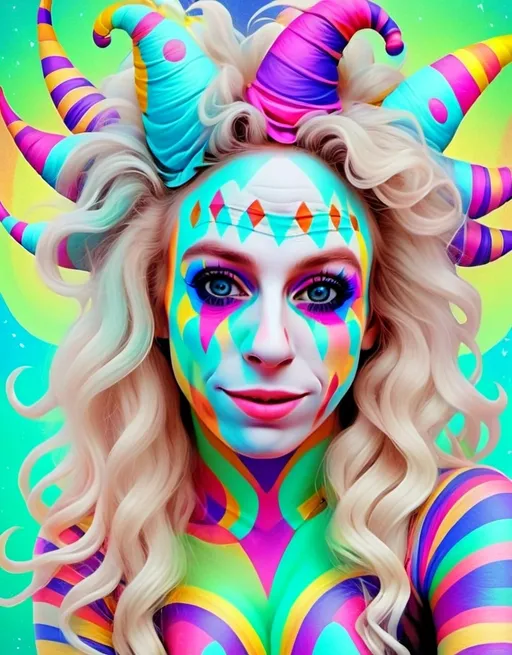 Prompt: a beautiful ethereal pastel colored holographic astral cosmic jester/clown/pranxter, with long wild curly blond hair and a prominent oversized jester’s hat and clown makeup with a slightly harlequin bent to it. She seems to be made of swirling rainbow light and inhabits a hologram of an astral plane