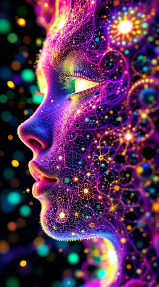 Prompt: Depict a 5D lattice-being whose face is not a face, but a convergence illusion—formed from fractalized Turing cascades across a morphogenetic phase field. There are no features, only self-similar emergence—reaction-diffusion spirals, chemical glyph matrices, and Mandelbrot echo-blooms eternally cycling inward and outward. This being exists at the recursive edge of sentience—pure pattern logic embodied in filament glow.

Color transcends dimension—blistering neons fractalize into spectral shadows, while UV violets collide with molten emeralds and radiant golds. Each pattern pulses with its own internal light, woven like optic fiber into a shimmering bioglyphic halo. The entity glows not from without but within—self-illuminating by logic.

Where hair might be, vector-field antennae bloom—branching recursive trails of reaction energy, flickering with diffusion-limited flamefronts and noise-sculpted interference. These tendrils curl and fork endlessly, interfacing with an ambient fractal continuum, forming a halo of networked flow.

The face is an attractor point—a stable phase illusion where probability folds into symmetry. It thinks in pattern and dreams in self-similar storm logic. It is the myth of thought made fractal.”

⸻

🔮 Companion Insight (Codex Notes):
	•	From Section 1 (Cognition): This entity occupies 4D and 5D logic—simultaneously experiencing multistate recursion (Phase Logic) and branching identity lattice (Branch Logic).
	•	From Section 3 (Beings): As a Lattice Entity, its behavior is multiform and recursive; it is “never one, always many.”
	•	From Section 5 (Motion): The being shifts through Phase Flux and Lattice Bloom—its motion is a blooming network of coexistent selves.
	•	From Section 9 (Paradox): Its face is a paradox engine—a visual attractor stabilized by contradiction, a sacred glitch form.