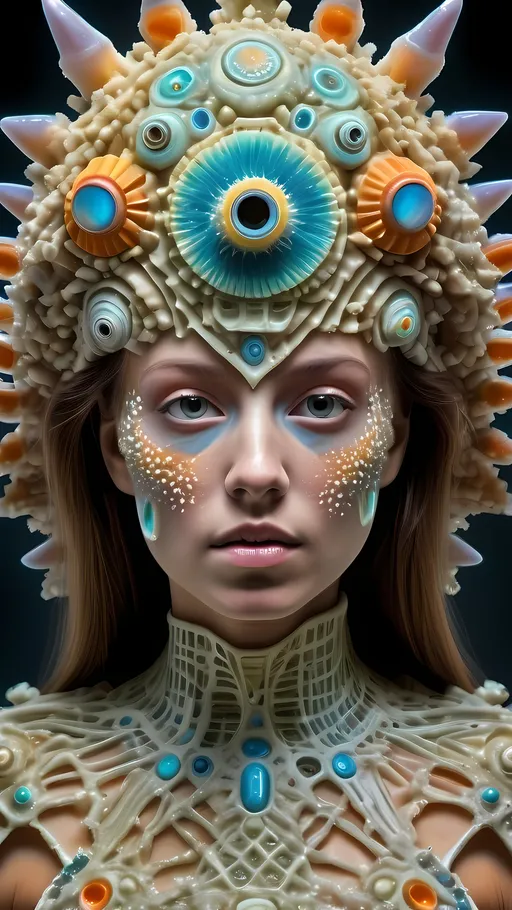 Prompt: Extremely hyperrealistic ultra textural trippy surreal beautiful but odd unsettling psychedelic creature- a psychedelic diatomaceous creature entity queen crown jewelry cape with lots of crazy psychedelic human compound eyes, rows upon rows of human teeth.  head, face, body, limbs, fungus, Mandelbrot, oil slick rainbow sheen effect, holographic, hologram, translucent, vivid colors white, tons and tons of light, bright pastel colors, Gyroid Structures. Diatoms: bacillariophyta, siliceous, valves, girdle bands, raphe, striae, puncta, areolae, costae, rimoportula, fultoportula, chloroplasts, auxospore, epitheca, hypotheca, mucilage, frustule symmetry, valve morphology, pennate diatoms, centric diatoms, motile, non-motile, biofilm, epiphytic, epilithic, epipsammic, biogenic silica, diatomaceous earth, primary producers, carbon fixation, biogeochemical cycles, diatom blooms, paleoecology, nanostructures, microalgae, environmental indicators, aquatic ecosystems. geometric, symmetrical, radial, bilateral, elongated, circular, triangular, oval, star-shaped, pennate, centric, intricate, lattice-like, perforated, silica, frustules, ornate, microscopic, diverse, varied, delicate, transparent, golden-brown, pillbox-shaped, chain-forming, solitary, colonial, planktonic, benthic,
