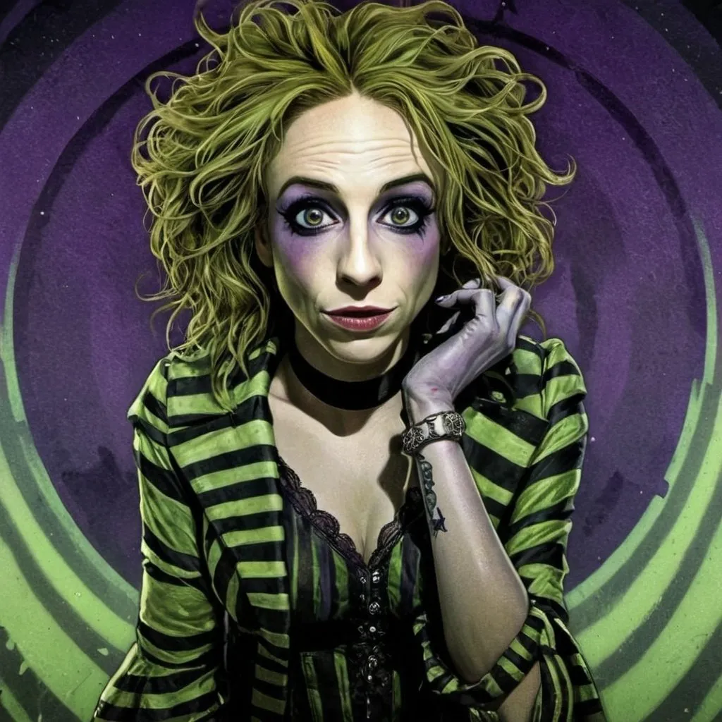 Prompt: <mymodel>Beetlejuice-themed illustration with Tim Burton aesthetic, sandworm, purple, neon green, black, textured pattern, high-quality, detailed, Tim Burton style, cartoon, dark tones, eerie lighting, sandworm texture, Beetlejuice aesthetic, vivid colors, eerie atmosphere, gothic, haunting, neon accents, detailed patterns, spooky, beetlejuice, highres, textured, neon, eerie, detailed texture, Tim Burton style, haunting, vivid colors