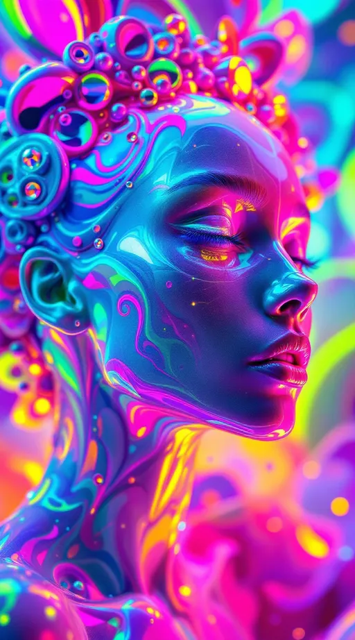 Prompt: A maximalist neon-carnival construct, soaked in UV magenta, holo teal, venom lime, citrus orange, molten violet & prismatic cyan. Surfaces glow w/ dragonfly diffraction & nacre-shell sheen, every curve fractalizing like polarized candy glass. Anatomy splinters & recombines in 4D paradox: eyes bloom as Banach–Tarski spheres, each iris splitting into infinite copies, gazes never aligning; teeth stretch into Hilbert curves, enamel bending into recursive corridors, jaws folding in & out of themselves; ribs coil into logarithmic spirals, looping endlessly w/o origin, candy-glass bone curling like nautilus chambers; the heart becomes Cantor dust, pulsing w/ gaps where it both exists & doesn’t, every chamber flickering w/ paradox rhythm. Veins writhe into Möbius strips, blood flowing in one-sided loops, infinite yet contained; lungs twist into Julia fractals, each breath spawning carnival smoke that branches into recursive atmospheres. Skin ripples as a hyperbolic tessellation, splitting into mosaics of mirrored flesh, convex & concave simultaneously. Hair unravels into Fibonacci braids & ouroboros coils, strands terminating in eyes, teeth, ribs, or dissolving into nothing. Cheekbones flare w/ Mandelbrot bulbs, spiraling endlessly; foreheads split into Weierstrass waves, infinitely wrinkled flesh shimmering in plasma tones. Hexagonal fields swarm the surface, wasp-nest tessellations glowing like sacred geometry, vibrating against higher-dimensional symmetry. Background dissolves into carnival infinity: Ferris wheels built from lungs, rollercoasters rib-woven, staircases of bone collapsing into recursive voids. No ground, no sky—only endless pastel planes where paradox bodies refract themselves brighter each iteration. A form both anatomical & unhuman, forever carnivalized into contradiction.
