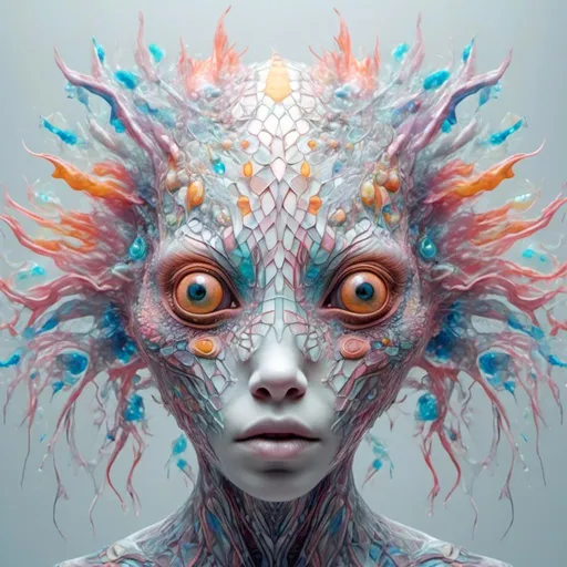 Prompt: <mymodel> Extremely hyperrealistic psychedelic geometric creature, multidimensional geometry, nonhumanoid  geometric shape, translucent, silver, white, bright pastel colors, fractals, ultra textural, creature, monster, entity, face/body/mouth, eyes