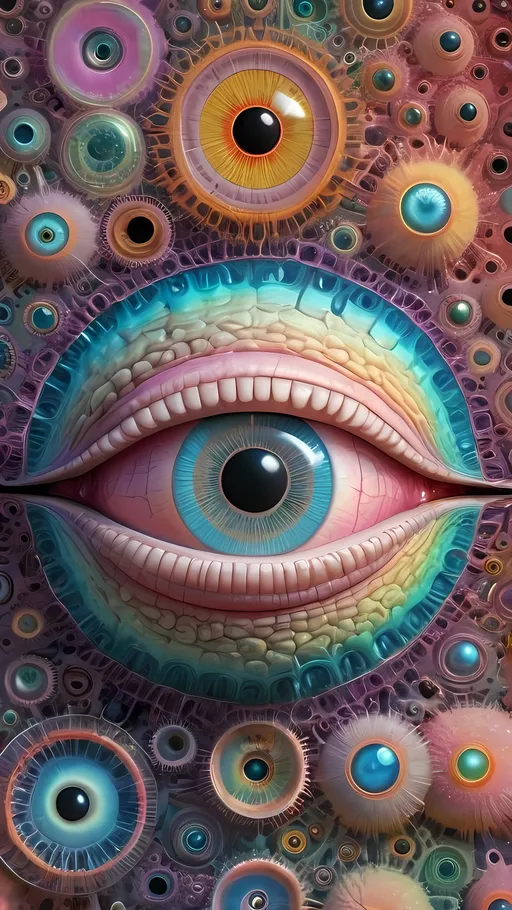 Prompt: an extremely hyper realistic ultra super textural weird trippy surreal psychedelic entity, gosper Curve, apollonian gaskets, catenoids, white, translucent, clear, bright bright feminine pastel colors, oil slick rainbow sheen effect, lots and lots of light, lots of crazy colorful compound psychedelic human eyes, rows of human teeth, fungus, radiolarians,  atoms, diatoms, enneper sufaces, apollonian gaskets, gosper Curve