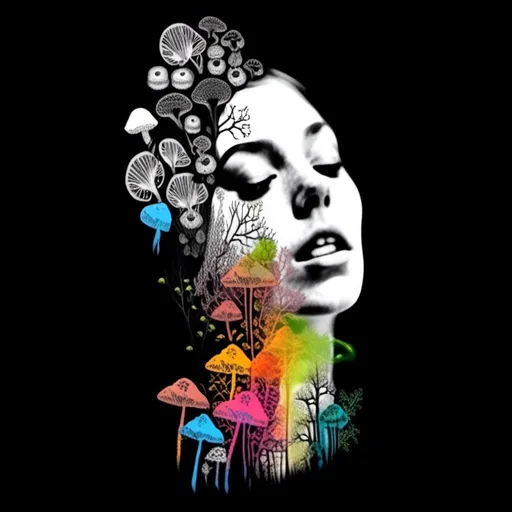 Prompt: A mixed media collage of a black and white photograph of a young woman growing all kinds of colorful multimedia psychedelic mushrooms and fungus out of her body (incorporate things like- but are not limited to - vibrant paints, enamels, glitters, metallic foils, newspaper and magazine cut paper, paint spatter, etc)<mymodel>