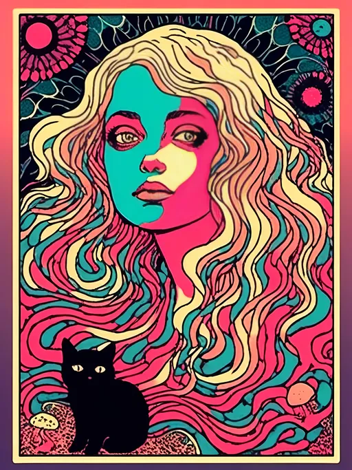 Prompt: <mymodel>Psychedelic poster illustration of a girl with long, curly blond hair, solid black cat, trippy mushrooms, vibrant colors, high-quality, poster art, surreal, detailed hair, psychedelic, detailed cat, colorful, vibrant, surreal, professional lighting