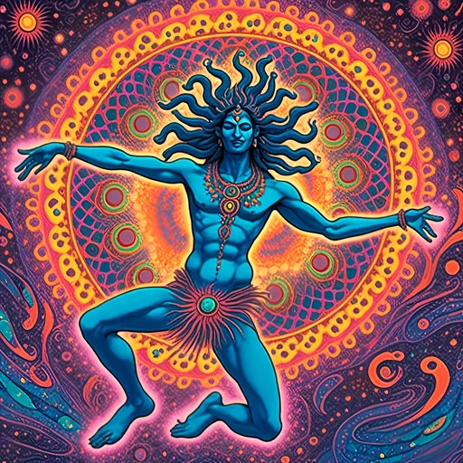 Prompt: <mymodel>Psychedelic depiction of Shiva Nataraj dancing atoms into existence, vibrant colors, intricate details, high energy, digital art, cosmic background, swirling galaxies, dynamic pose, multiple arms in motion, glowing aura, surreal atmosphere, high-res, ultra-detailed, vibrant, cosmic, intricate details, energetic, psychedelic, digital art, dynamic, surreal lighting