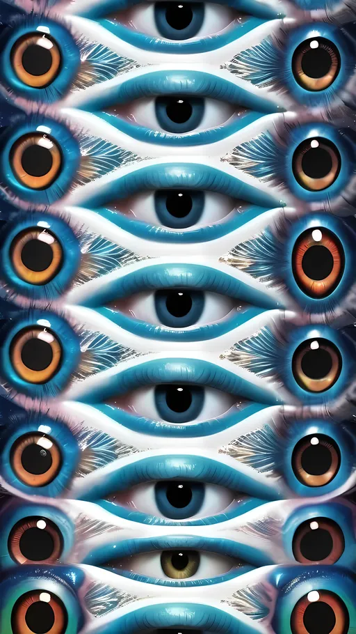 Prompt: **Stylistic Phrases:**
*Extremely hyper-realistic, ultra super textural, weird, trippy, surreal, psychedelic entity*

**Main Subject Matter:**
A psychedelic entity/monster/ lots of human eyes (lots of crazy colorful compound psychedelic), rows of human teeth, human lips, tongues

**Color Keywords:**
White, dark blues, baby blues, teals, yellows

**Texture Keywords:**
Mold, fungus, Lithium Chloride Crystals , Vesicular, ammonium sulfate crystals, Oolitic, extreme hyperrealistic sharp high detail high definition organic and mineral & other textures, 

**Shapes/Structures:**
- Euhedral, Hyperbolic Geometry

**Minerals:**
ruby, tigers eyes, vandanite 


**Lighting:**
Lots and lots of light, Schiller Effect, Interference, Scintillation

**Size/Macro:**


**Lens/Film:**
Leica Summilux-M 35mm t/1.4 ASPH

**Composition/Layout:**
Diamond Lattice, hyperbolic geometry

**Atmosphere/Environment:**
Psychedelic, weird, odd, surreal, off putting, strangely pretty

**Movement/Dynamics:**
frozen in time

**Extra Keywords:**
Diatoms, oil slick rainbow sheen, extra rows of teeth, lips, many eyes, 

**Reinforcement of Style:**
Extremely hyper-realistic, ultra super textural, weird, trippy, surreal, psychedelic