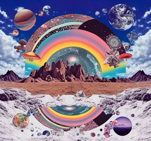 Prompt: <mymodel>surreal Psychedelic collage of spliced photographs, mushrooms, crystals, alien landscapes, desert landscapes, mountain landscapes, space, planets, orbs, psychedelic patterns, geometric shapes, optical illusions, highres, ultra-detailed, surreal, psychedelic, vibrant colors, cosmic, intricate details, surrealistic, dreamy lighting